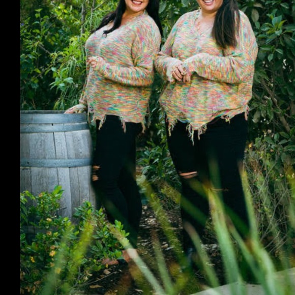haptics Sweaters - Plus size rainbow sweater lightly distressed